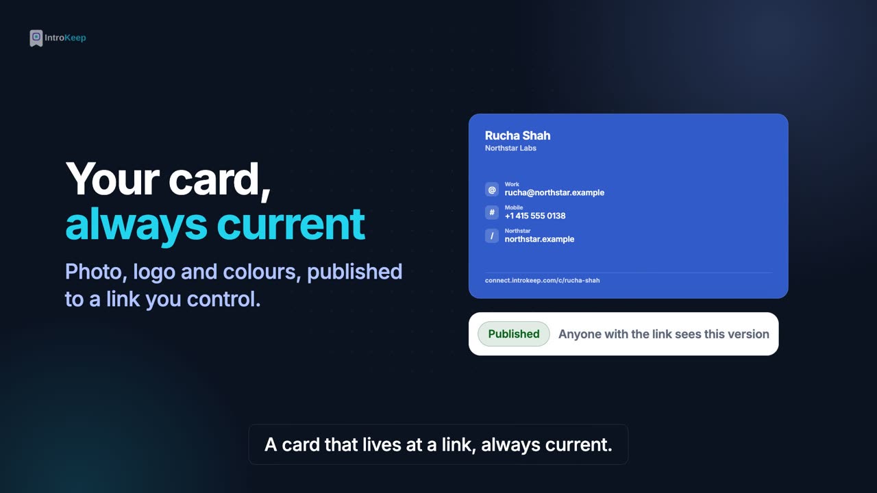 IntroKeep product walkthrough showing a card exchange and follow-up workspace